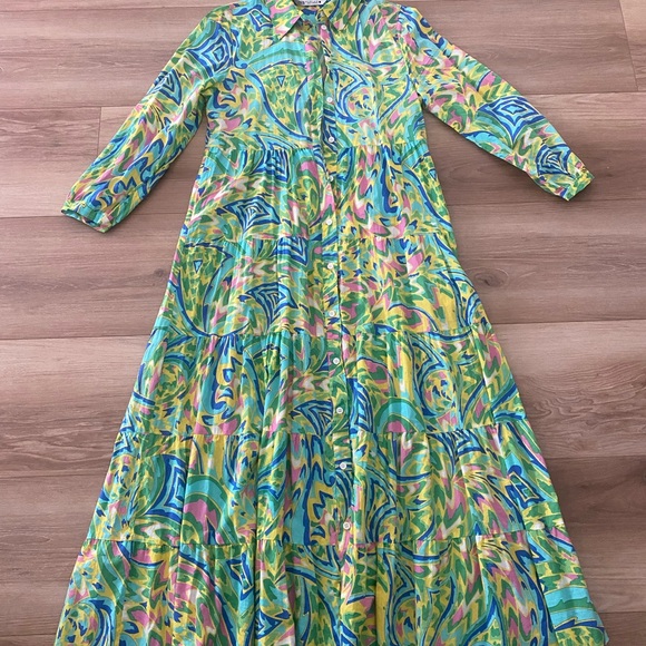 Zara Dresses & Skirts - Zara Resort Midi Dress Blue Green Tiered Lapel Collar